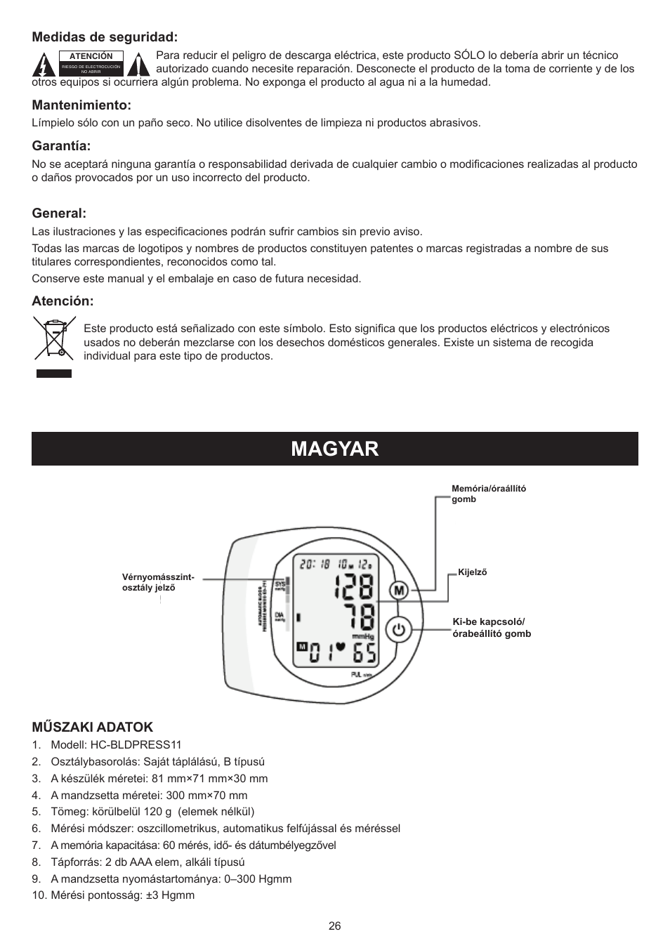 Magyar, Használati útmutató (o. 26.), Vérnyomásmérő készülék | Medidas de seguridad, Mantenimiento, Garantía, General, Atención, Műszaki adatok | Konig Electronic Blood pressure monitor wrist User Manual | Page 26 / 51