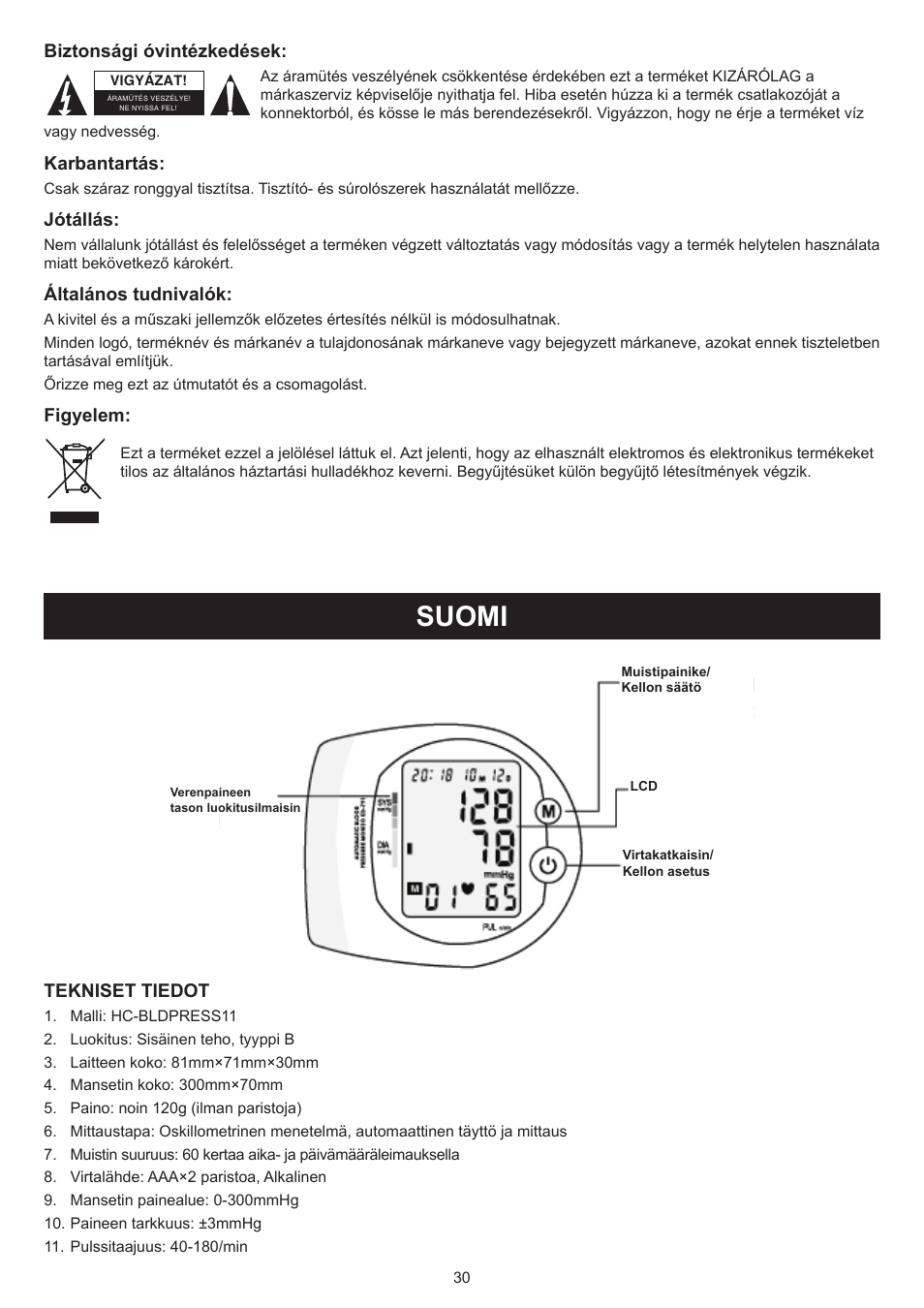 Suomi, Käyttöohje (s. 30), Verenpainemittari | Konig Electronic Blood pressure monitor wrist User Manual | Page 30 / 51