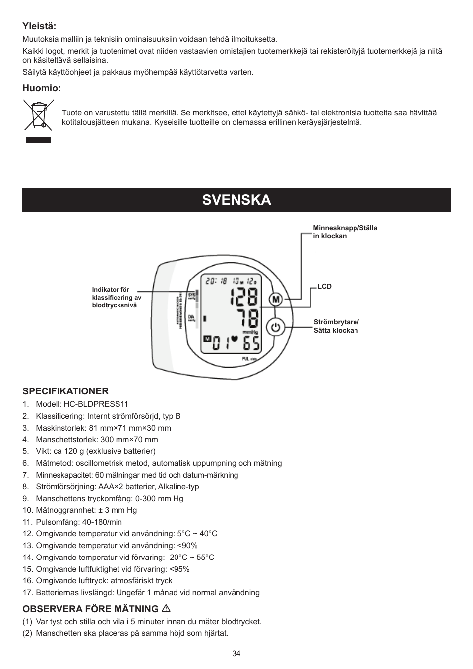 Svenska, Bruksanvisning (s. 34), Blodtrycksmätare | Konig Electronic Blood pressure monitor wrist User Manual | Page 34 / 51