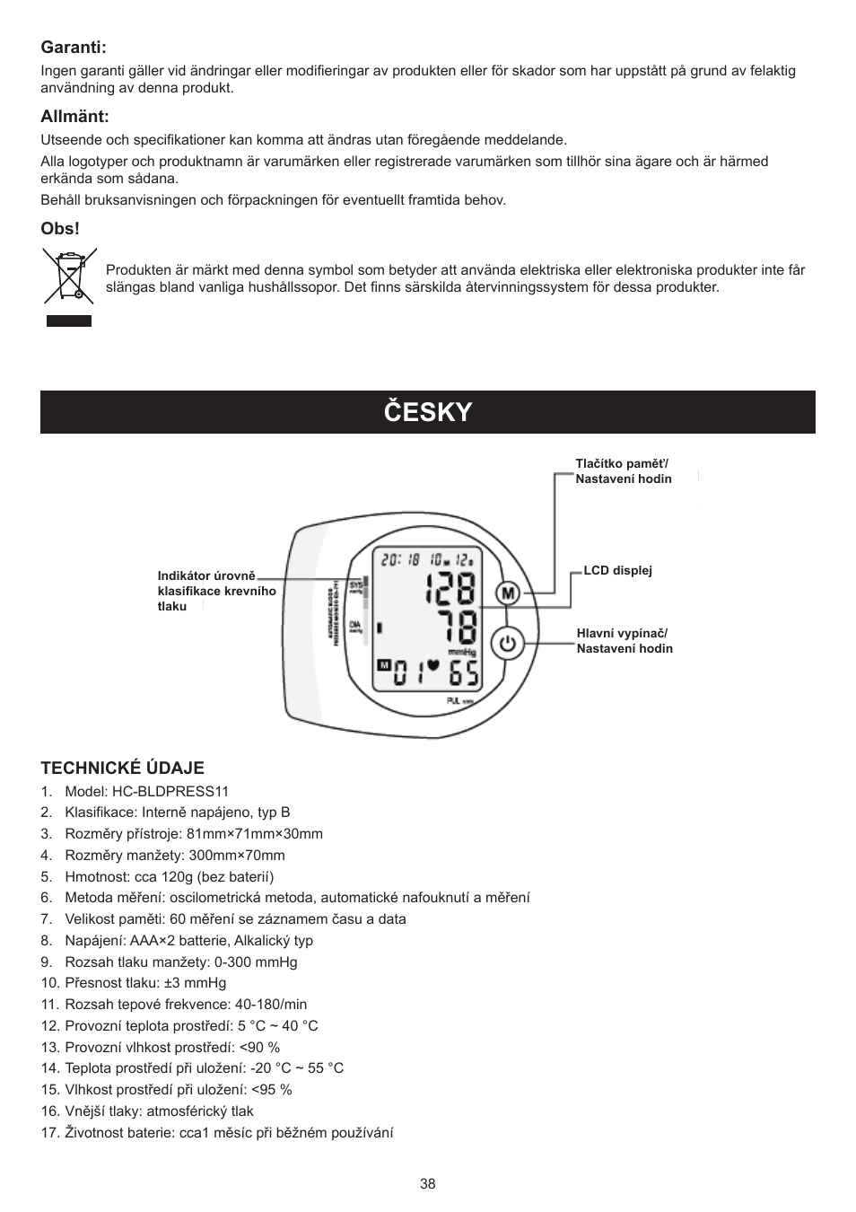 Česky, Návod k použití (s. 38), Přístroj na měření krevního tlaku | Konig Electronic Blood pressure monitor wrist User Manual | Page 38 / 51