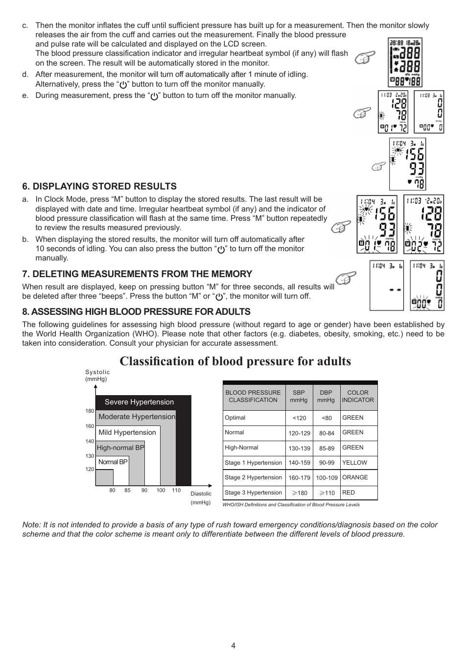 Classification of blood pressure for adults, Displaying stored results, Assessing high blood pressure for adults | Konig Electronic Blood pressure monitor wrist User Manual | Page 4 / 51