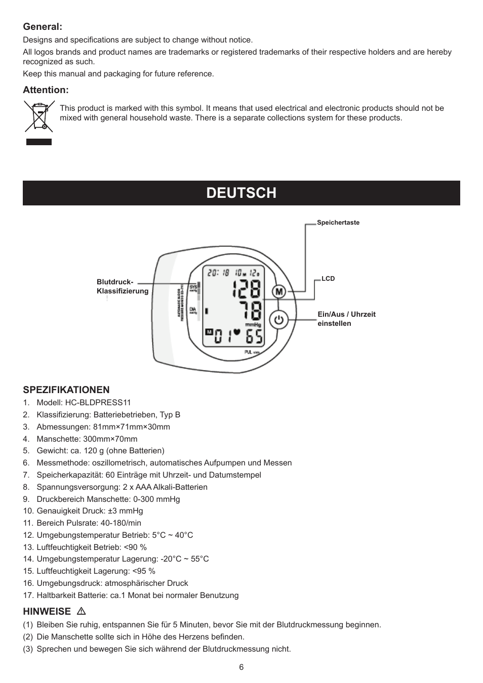 Deutsch, Anleitung (s. 6), Blutdruckmonitor | Konig Electronic Blood pressure monitor wrist User Manual | Page 6 / 51