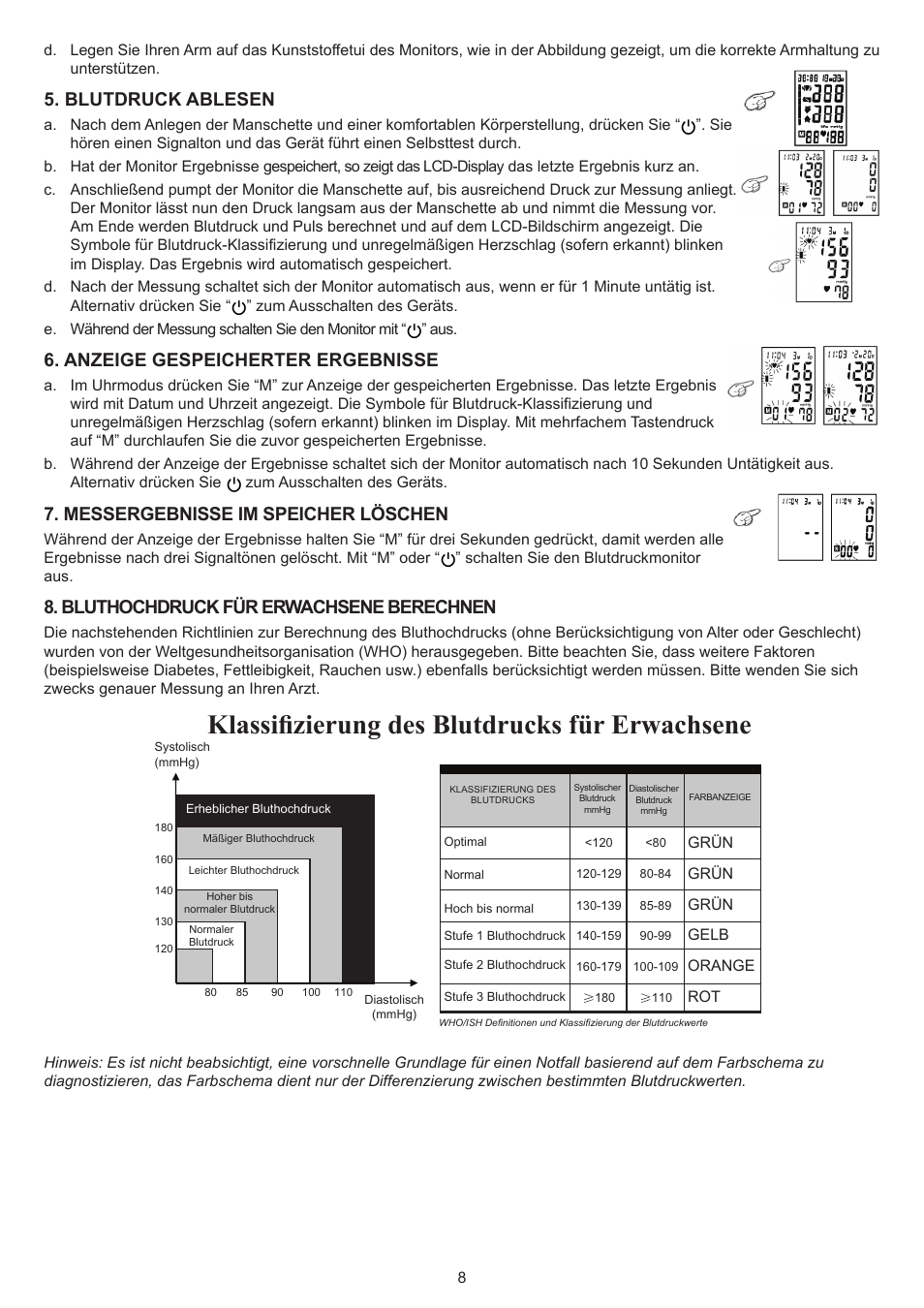 Klassifizierung des blutdrucks für erwachsene, Blutdruck ablesen, Anzeige gespeicherter ergebnisse | Messergebnisse im speicher löschen, Bluthochdruck für erwachsene berechnen | Konig Electronic Blood pressure monitor wrist User Manual | Page 8 / 51