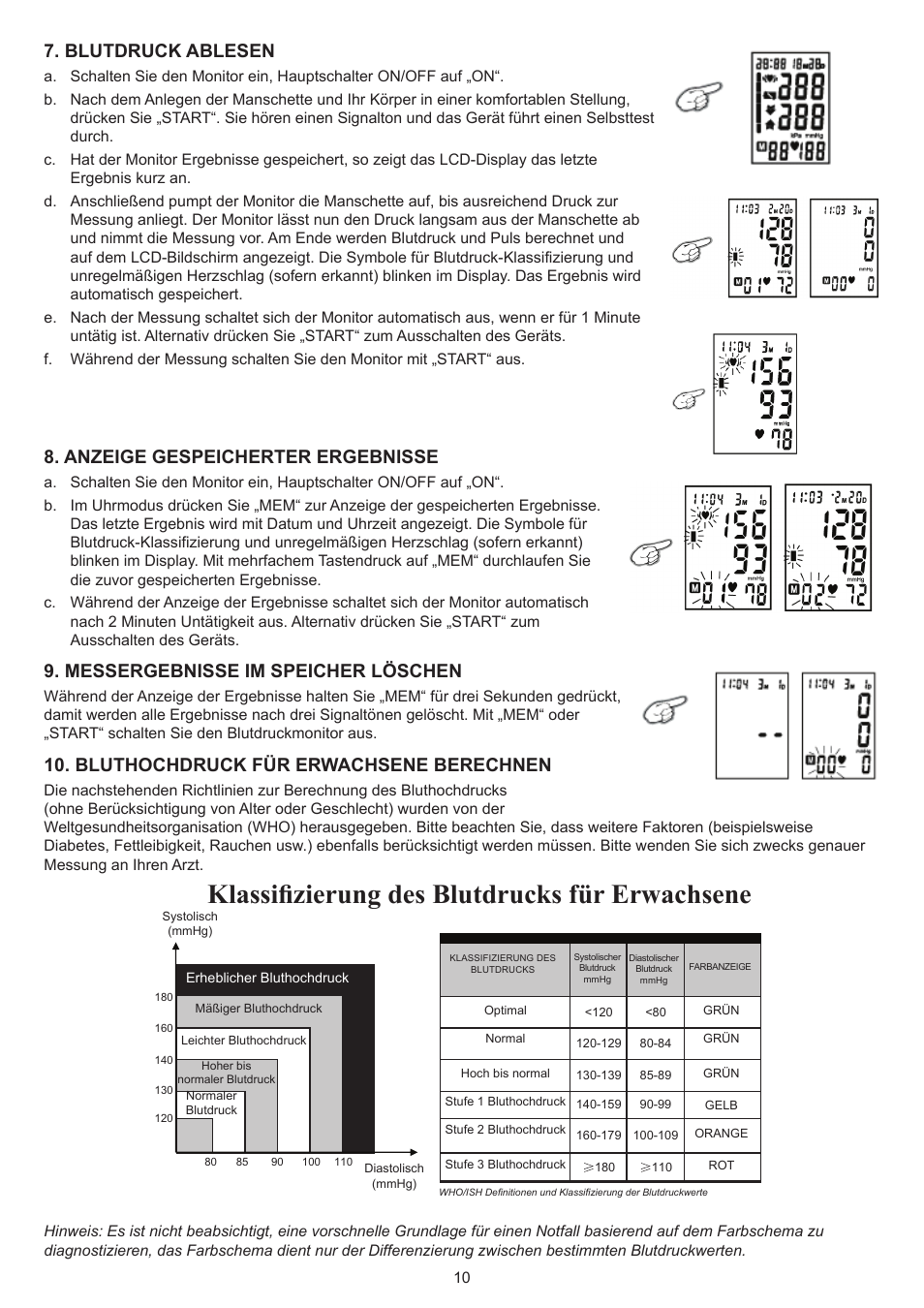 Klassifizierung des blutdrucks für erwachsene, Blutdruck ablesen, Anzeige gespeicherter ergebnisse | Messergebnisse im speicher löschen, Bluthochdruck für erwachsene berechnen | Konig Electronic Blood pressure monitor upperarm User Manual | Page 10 / 64