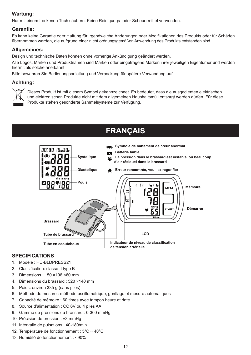 Français, Mode d’emploi (p. 12), Tensiomètre | Wartung, Garantie, Allgemeines, Achtung, Specifications | Konig Electronic Blood pressure monitor upperarm User Manual | Page 12 / 64