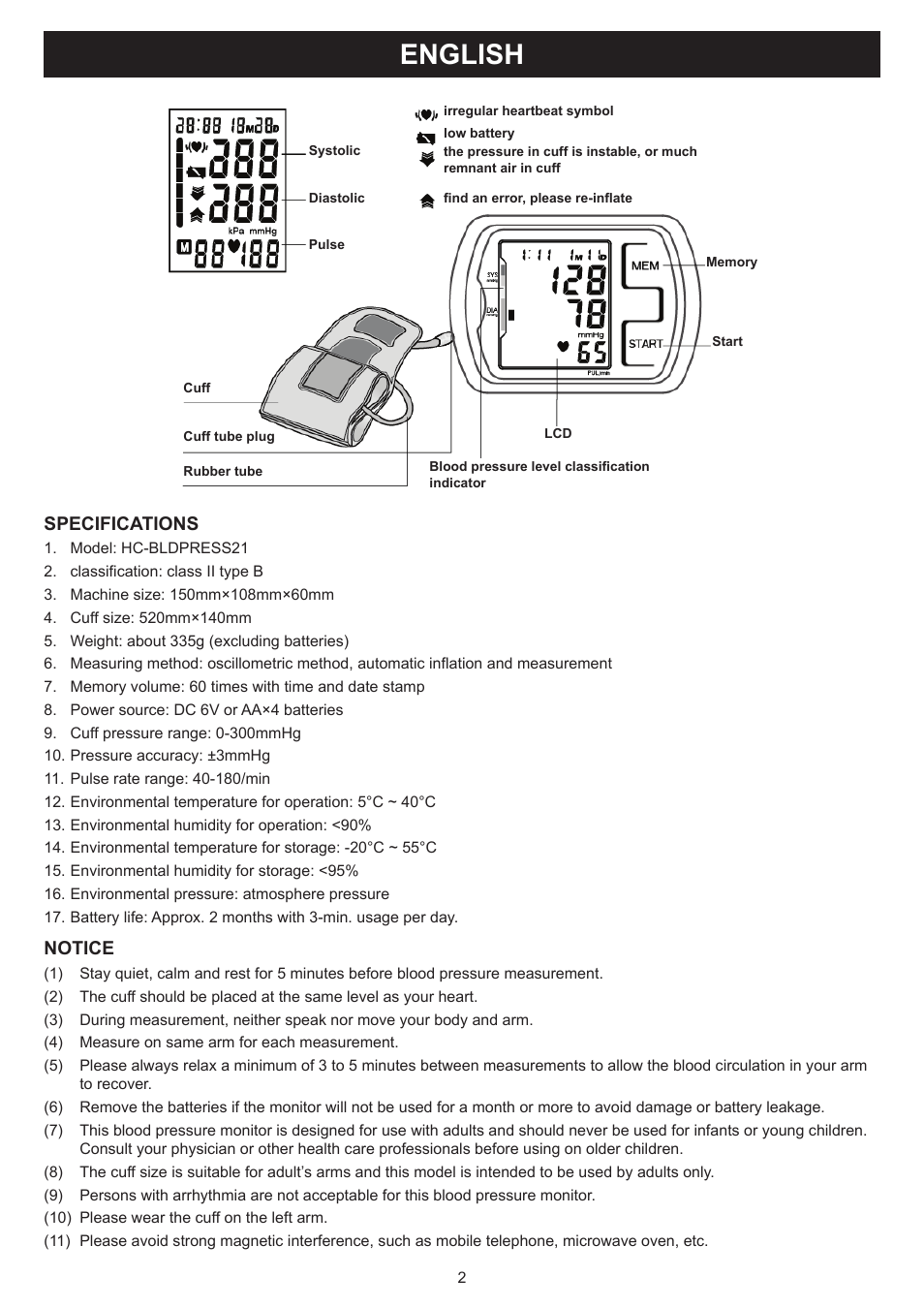 English, Manual (p. 2), Blood pressure monitor | Specifications, Notice | Konig Electronic Blood pressure monitor upperarm User Manual | Page 2 / 64