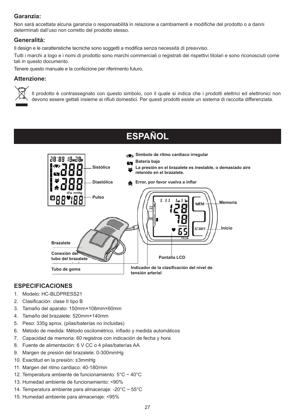 Español, Manual de uso (p. 27), Medidor de la tensión arterial | Garanzia, Generalità, Attenzione, Especificaciones | Konig Electronic Blood pressure monitor upperarm User Manual | Page 27 / 64