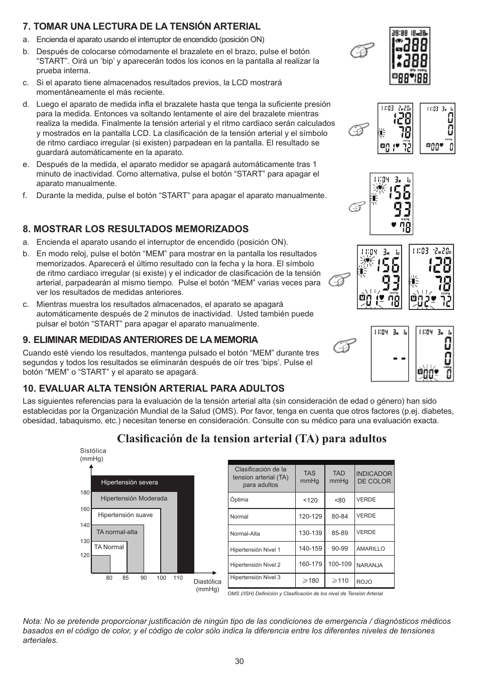 Tomar una lectura de la tensión arterial, Evaluar alta tensión arterial para adultos | Konig Electronic Blood pressure monitor upperarm User Manual | Page 30 / 64