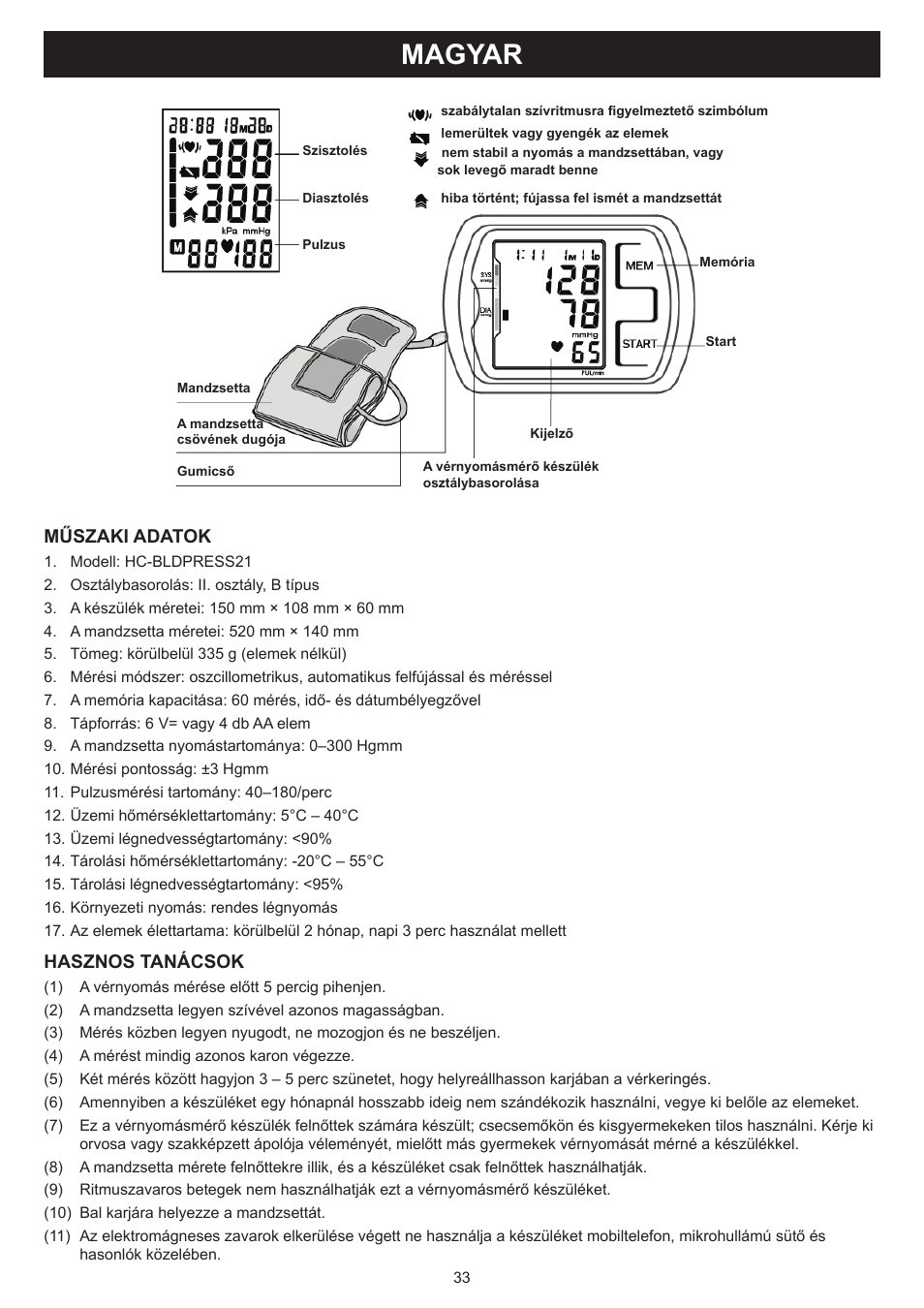 Magyar, Használati útmutató (o. 33.), Vérnyomásmérő készülék | Műszaki adatok, Hasznos tanácsok | Konig Electronic Blood pressure monitor upperarm User Manual | Page 33 / 64