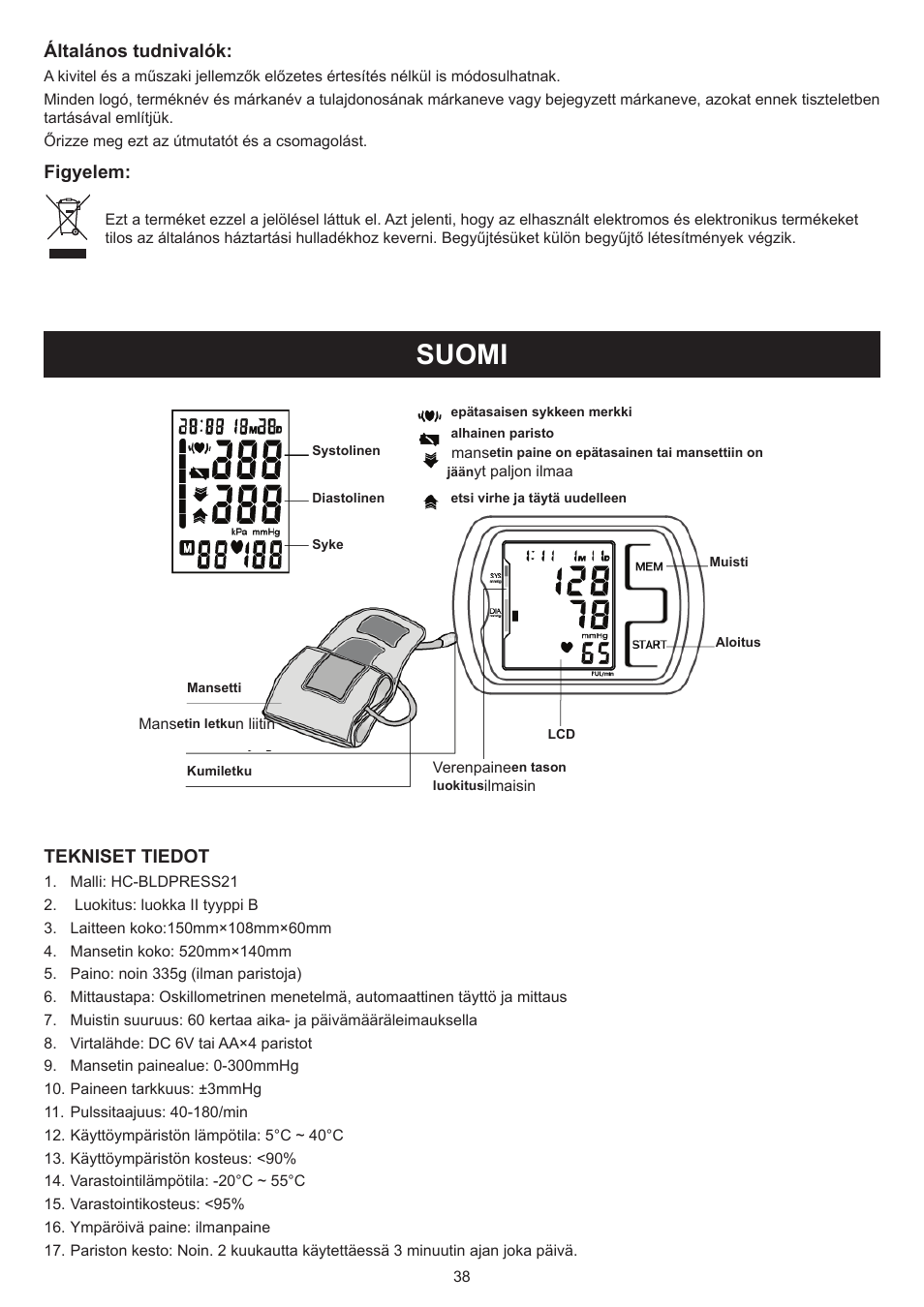 Suomi, Käyttöohje (s. 38), Verenpainemittari | Általános tudnivalók, Figyelem, Tekniset tiedot | Konig Electronic Blood pressure monitor upperarm User Manual | Page 38 / 64