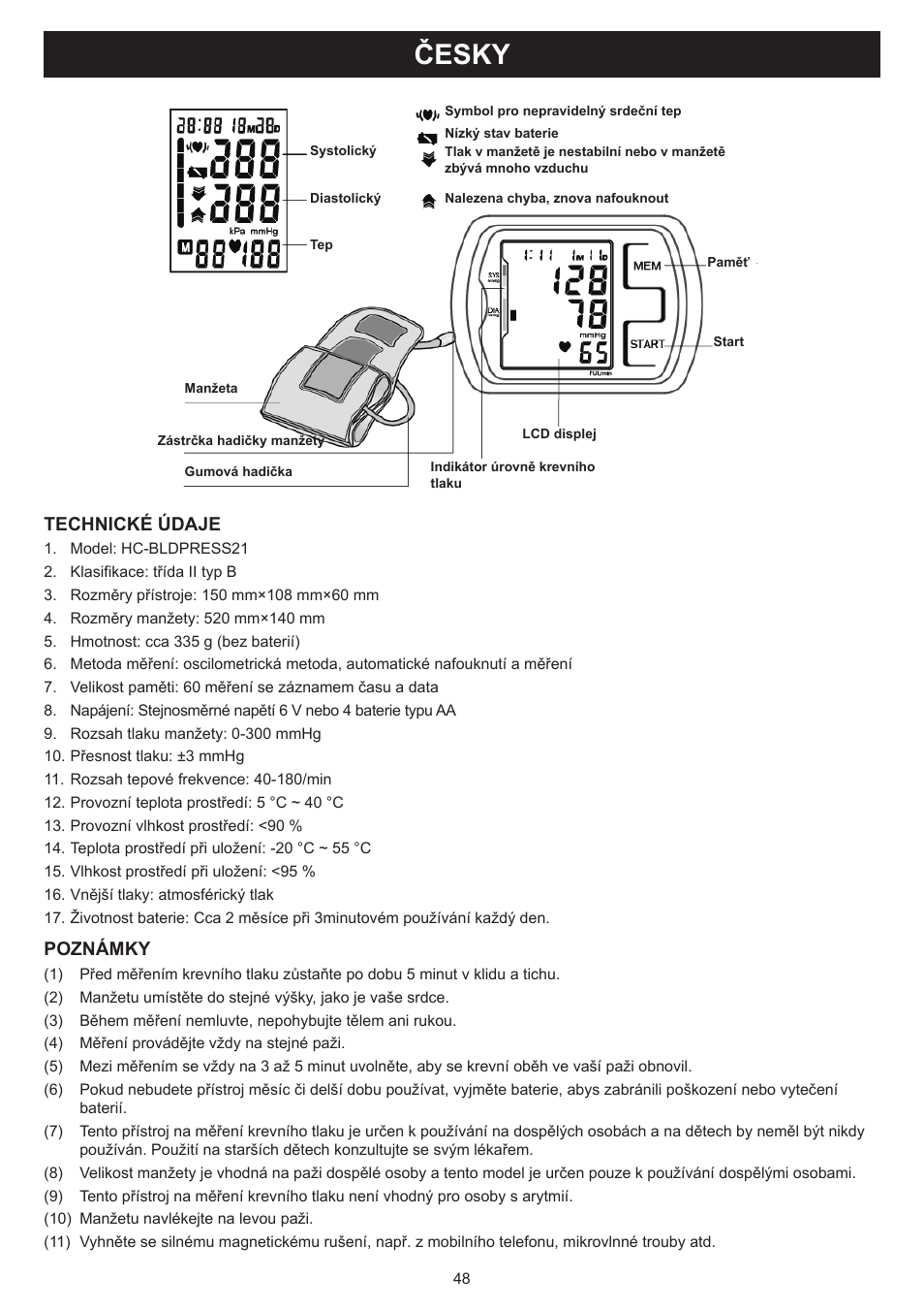 Česky, Návod k použití (s. 48), Přístroj na měření krevního tlaku | Technické údaje, Poznámky | Konig Electronic Blood pressure monitor upperarm User Manual | Page 48 / 64