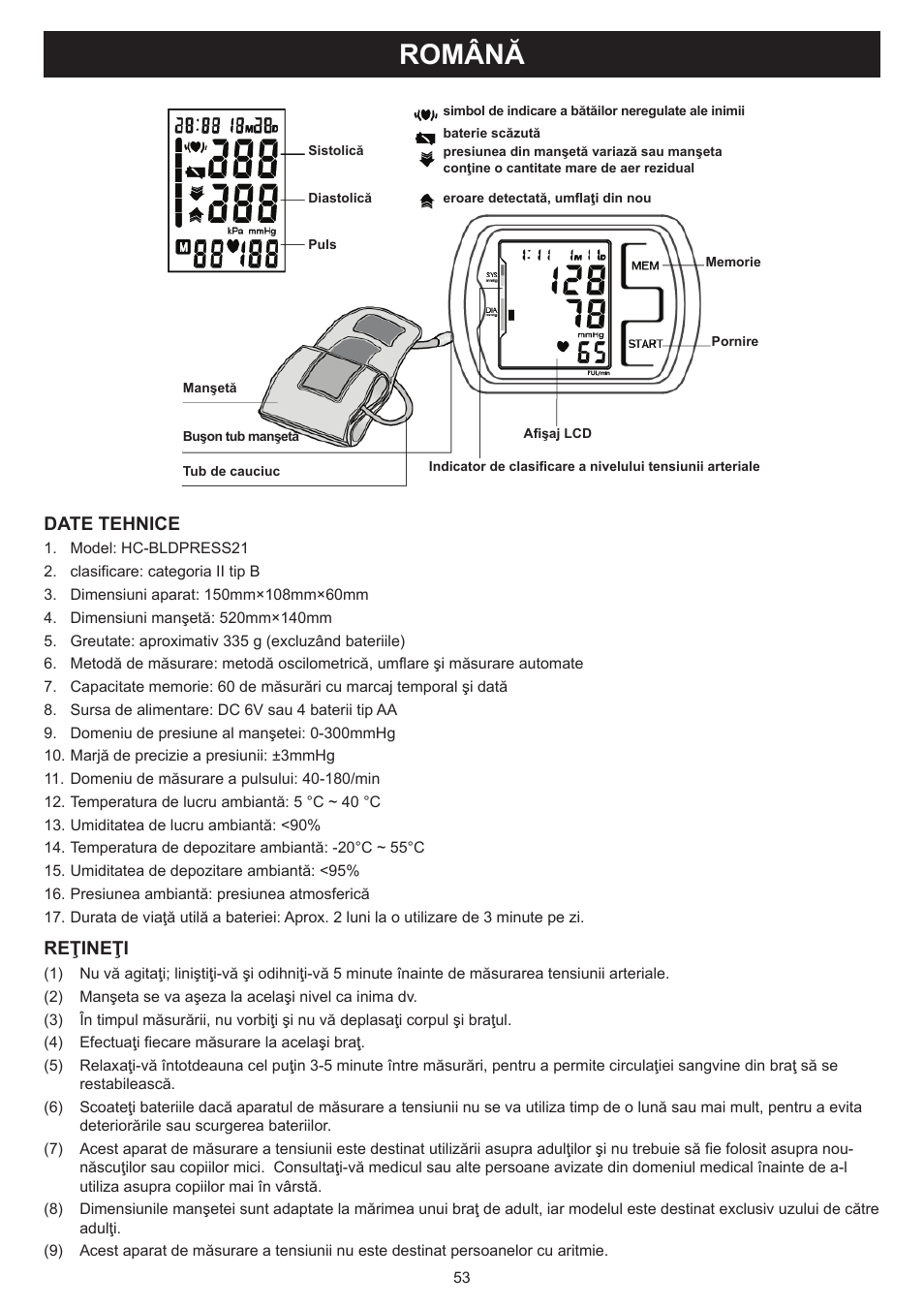 Română, Manual de utilizare (p. 53), Aparat de măsurare a tensiunii arteriale | Date tehnice, Reţineţi | Konig Electronic Blood pressure monitor upperarm User Manual | Page 53 / 64