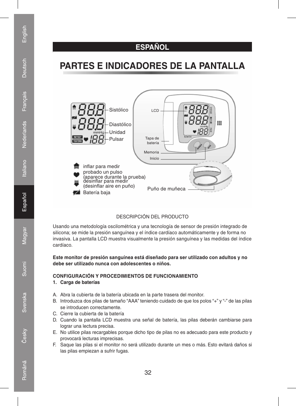Partes e indicadores de la pantalla, Español | Konig Electronic Blood pressure monitor User Manual | Page 32 / 68