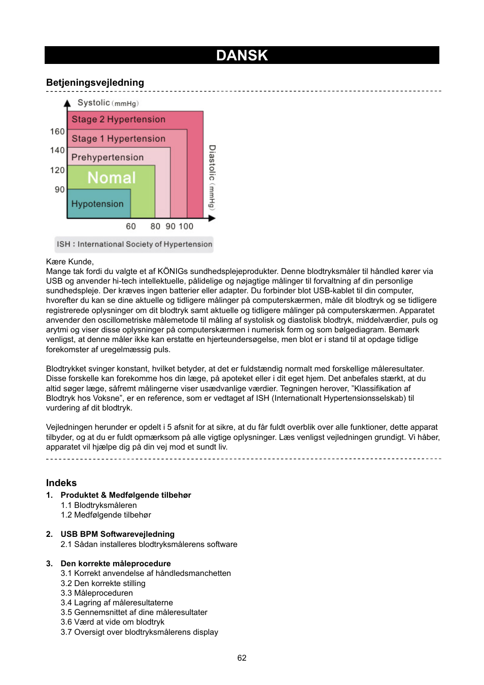 Dansk, Vejledning (s. 62) blodtryksmåler til håndled | Konig Electronic Wrist blood pressure monitor User Manual | Page 62 / 73