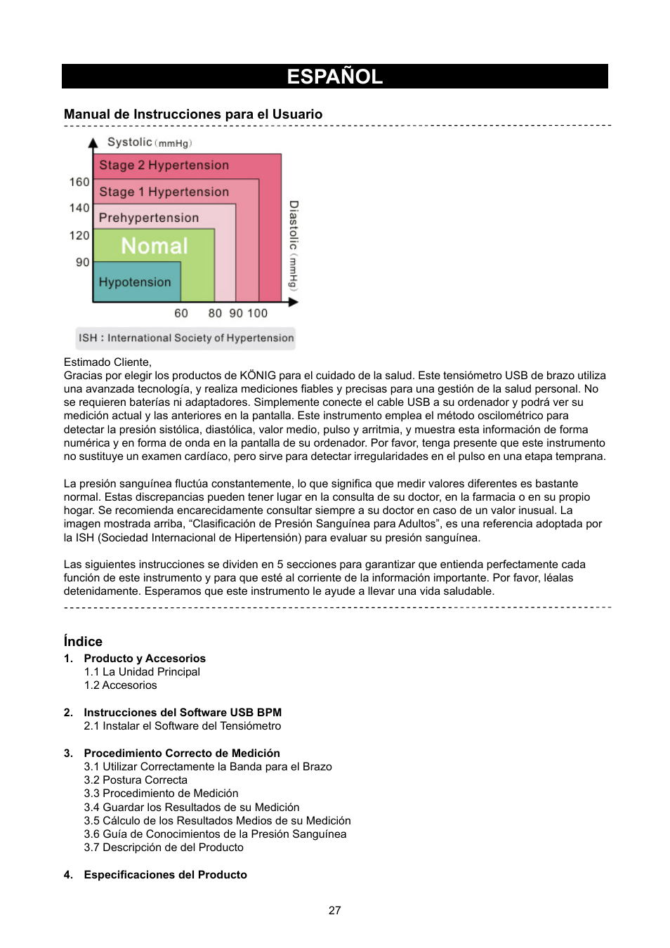 Español, De uso (p. 27) tensiómetro | Konig Electronic Upper arm blood pressure monitor User Manual | Page 27 / 72