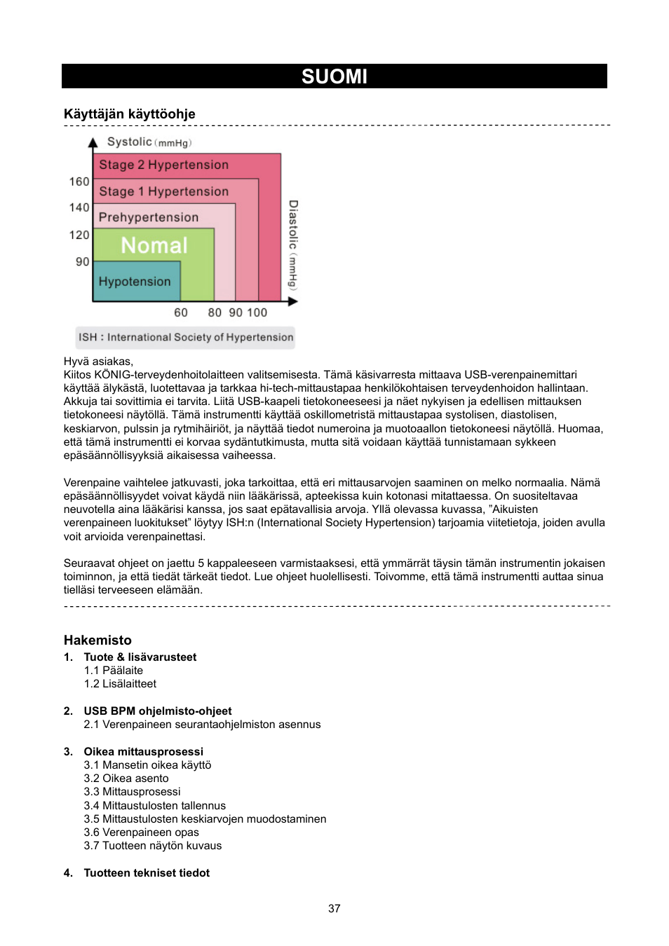 Suomi, 37) verenpainemittari | Konig Electronic Upper arm blood pressure monitor User Manual | Page 37 / 72