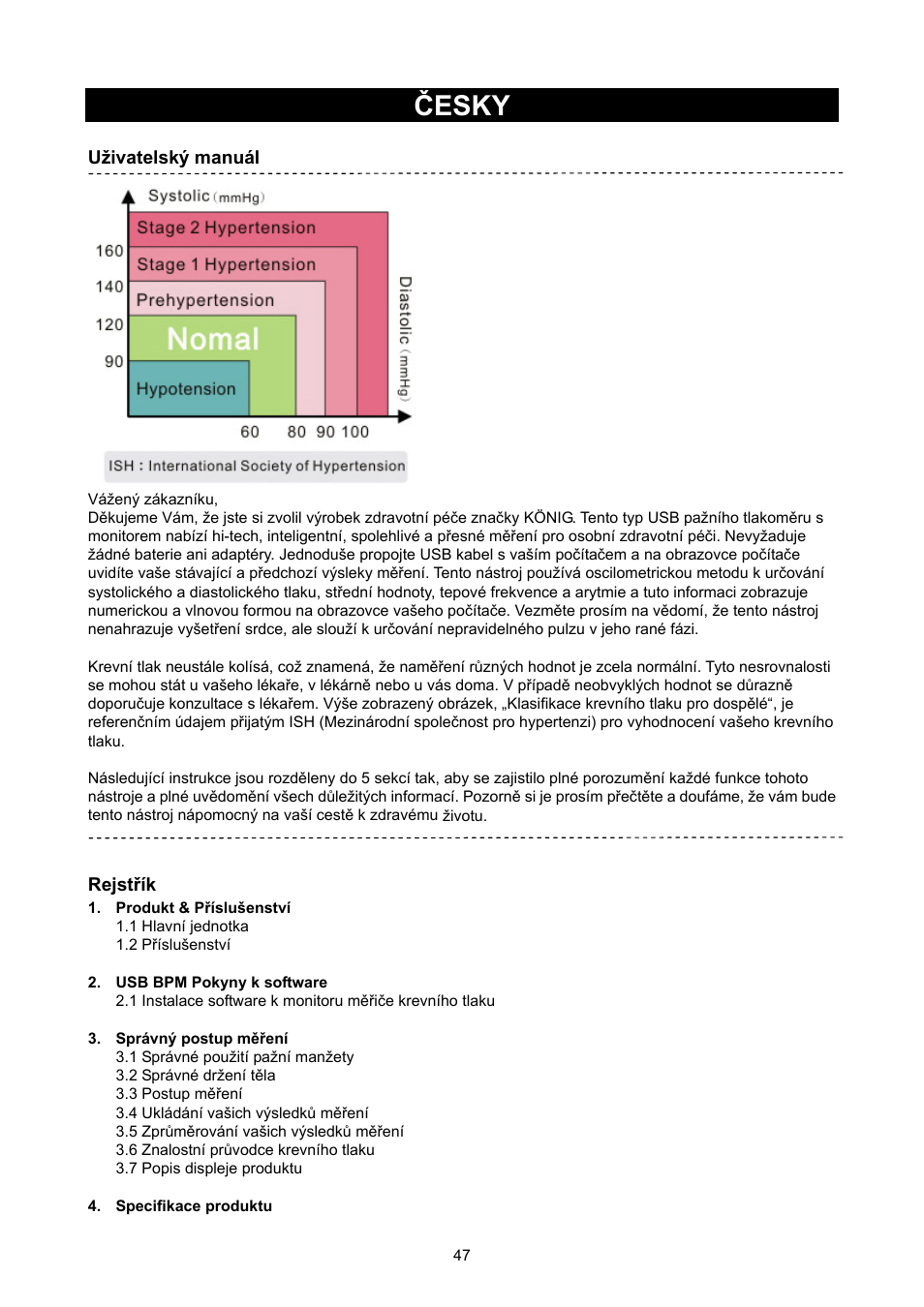 Česky, 47) krevní tlakoměr | Konig Electronic Upper arm blood pressure monitor User Manual | Page 47 / 72