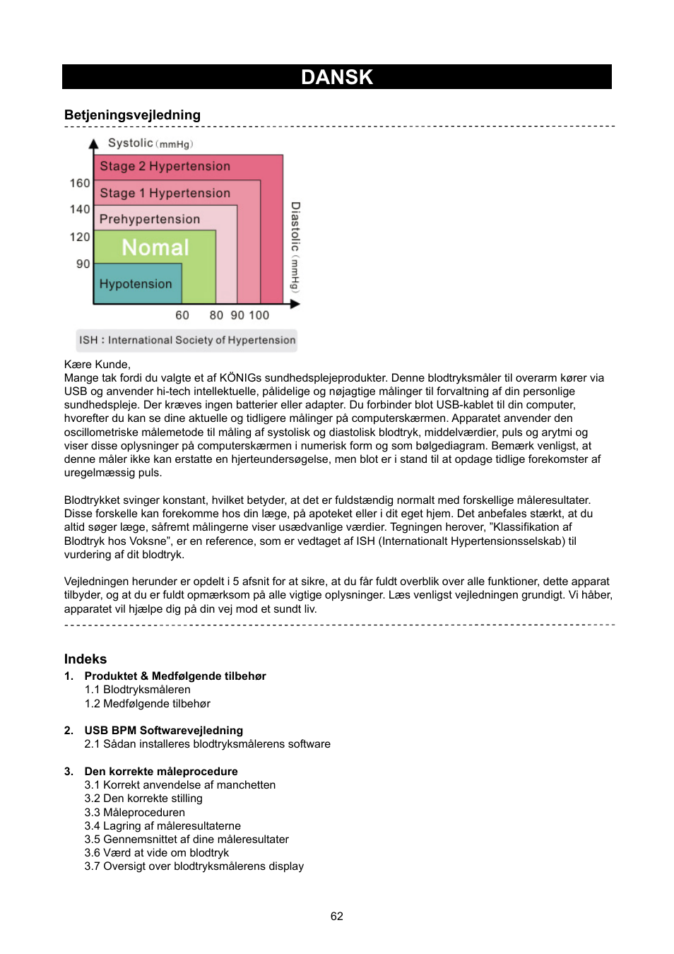 Dansk, Vejledning (s. 62) blodtryksmåler | Konig Electronic Upper arm blood pressure monitor User Manual | Page 62 / 72