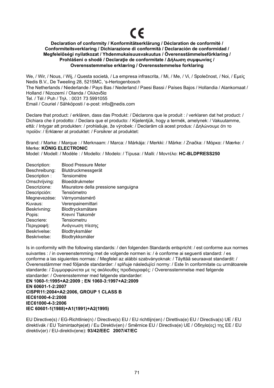 Konig Electronic Upper arm blood pressure monitor User Manual | Page 71 / 72
