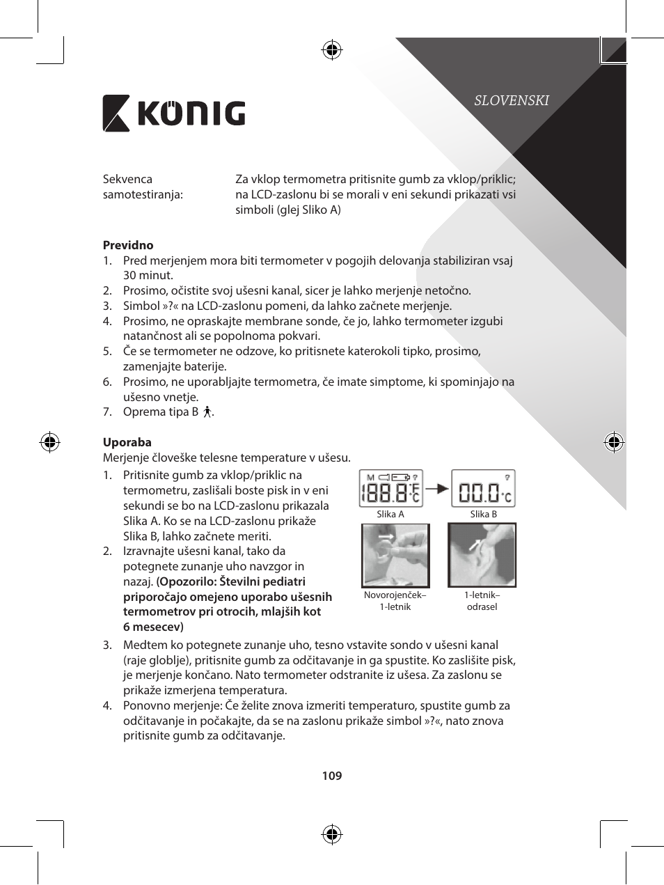 Slovenski | Konig Electronic Infrared in-ear thermometer mini User Manual | Page 109 / 111