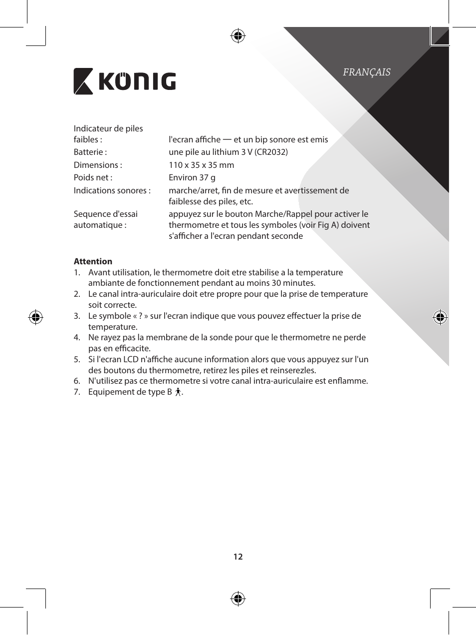 Konig Electronic Infrared in-ear thermometer mini User Manual | Page 12 / 111