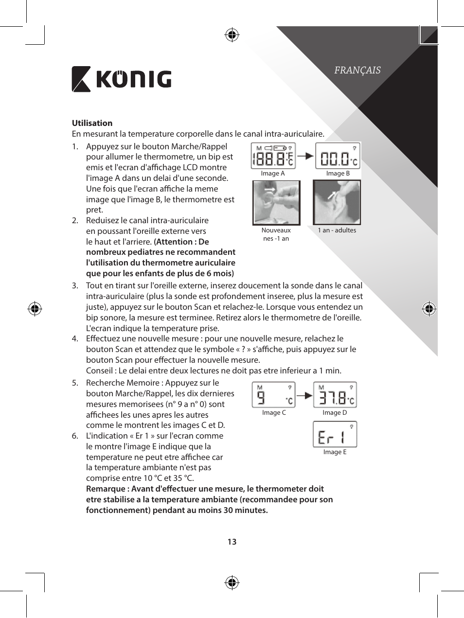 Français | Konig Electronic Infrared in-ear thermometer mini User Manual | Page 13 / 111