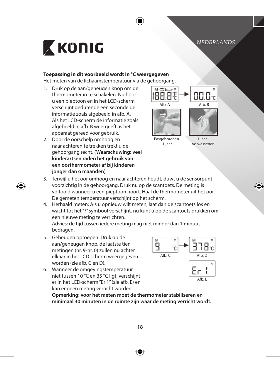 Nederlands | Konig Electronic Infrared in-ear thermometer mini User Manual | Page 18 / 111