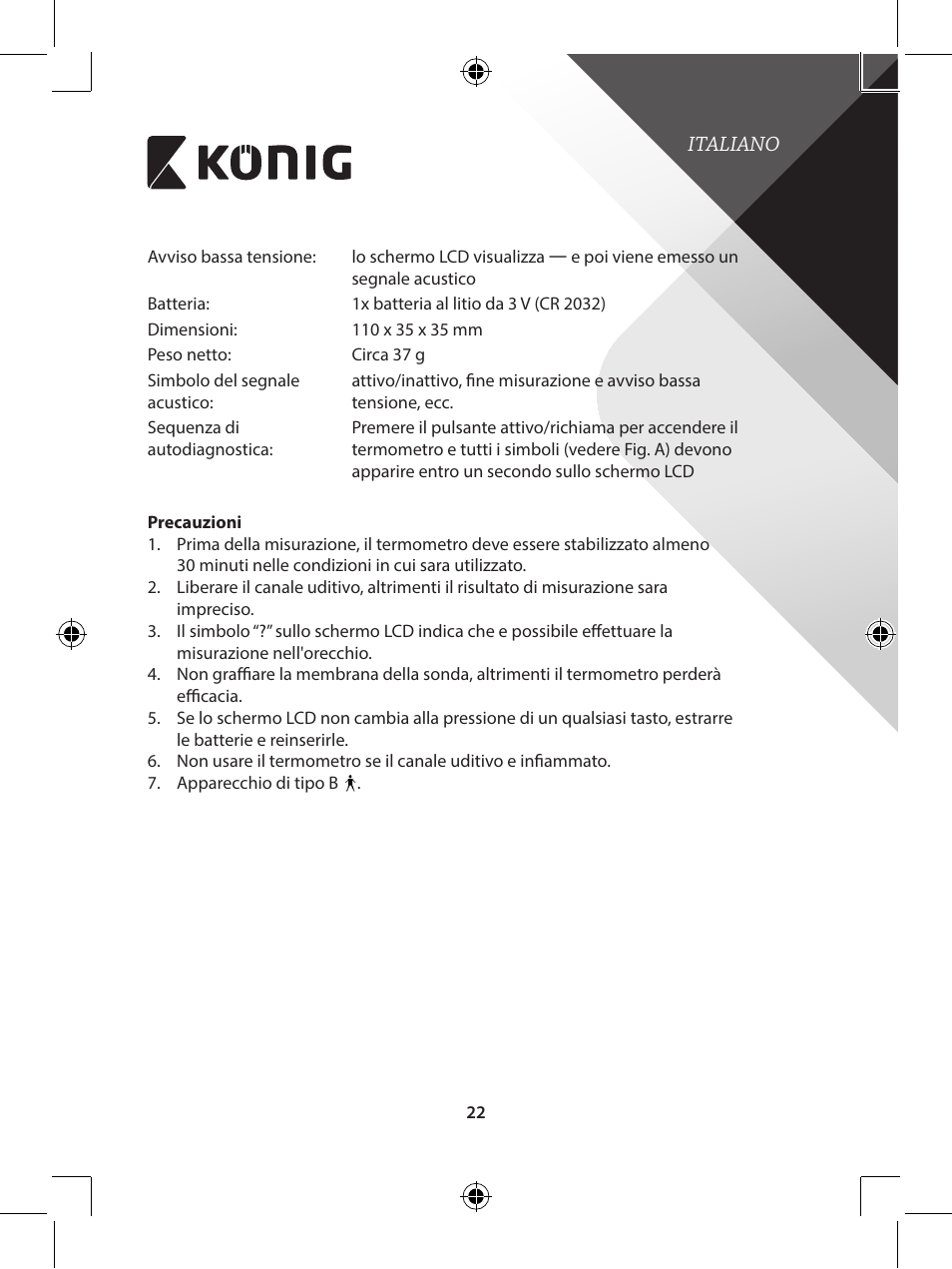 Konig Electronic Infrared in-ear thermometer mini User Manual | Page 22 / 111