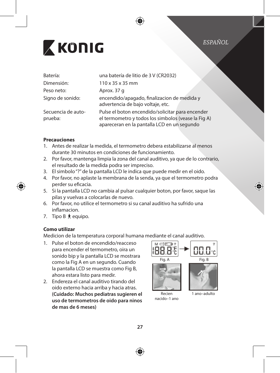 Konig Electronic Infrared in-ear thermometer mini User Manual | Page 27 / 111