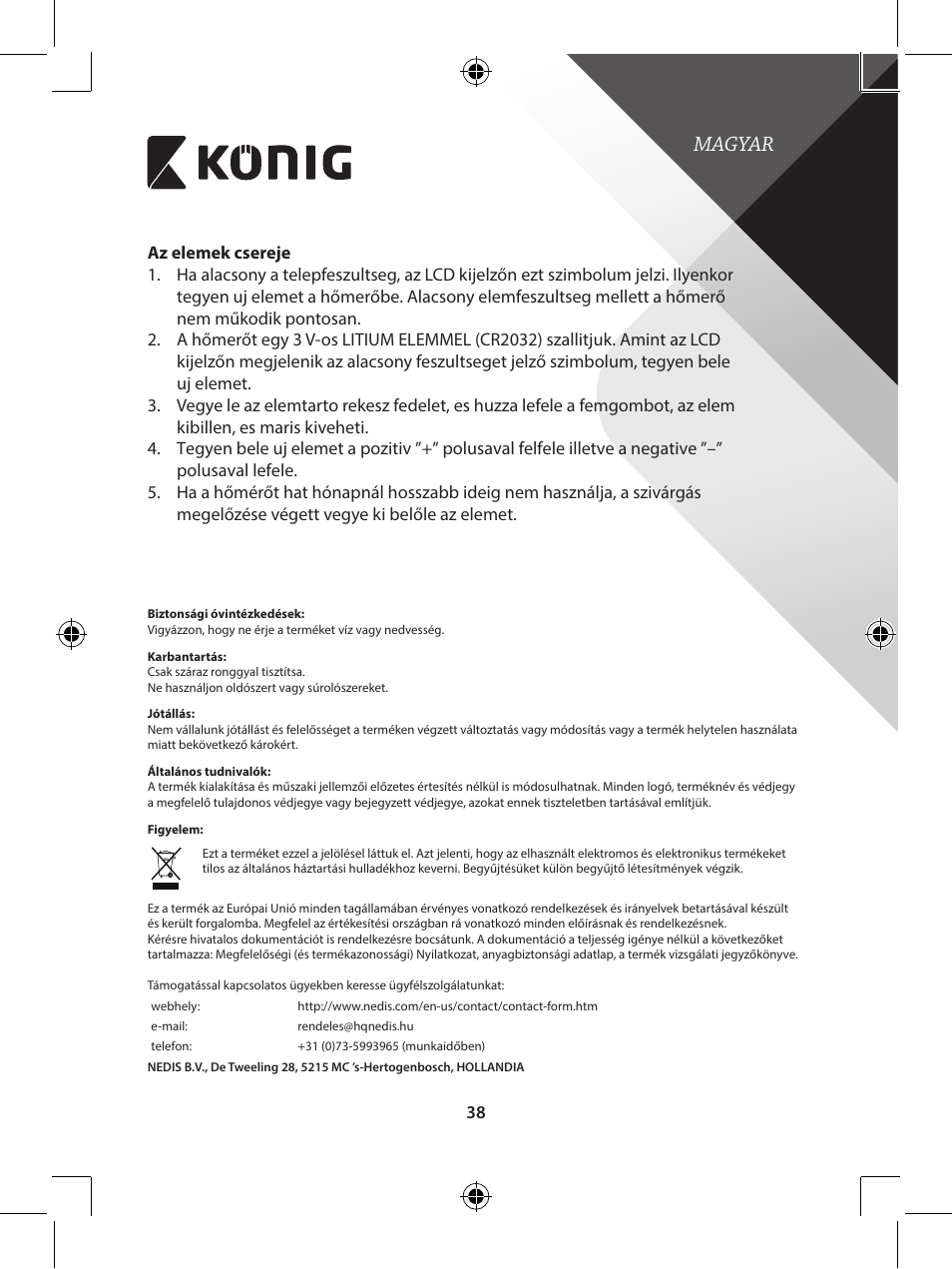 Magyar | Konig Electronic Infrared in-ear thermometer mini User Manual | Page 38 / 111