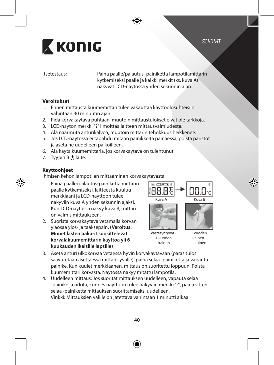 Suomi | Konig Electronic Infrared in-ear thermometer mini User Manual | Page 40 / 111