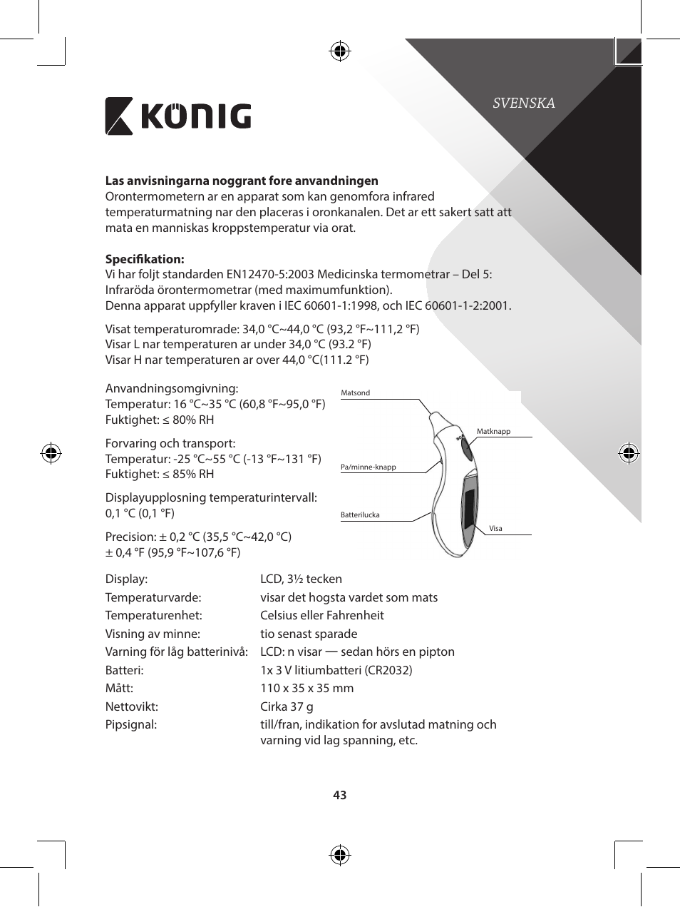 Svenska | Konig Electronic Infrared in-ear thermometer mini User Manual | Page 43 / 111