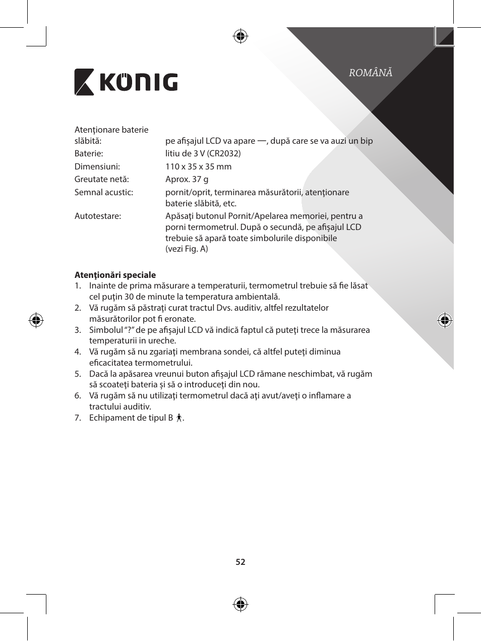Konig Electronic Infrared in-ear thermometer mini User Manual | Page 52 / 111