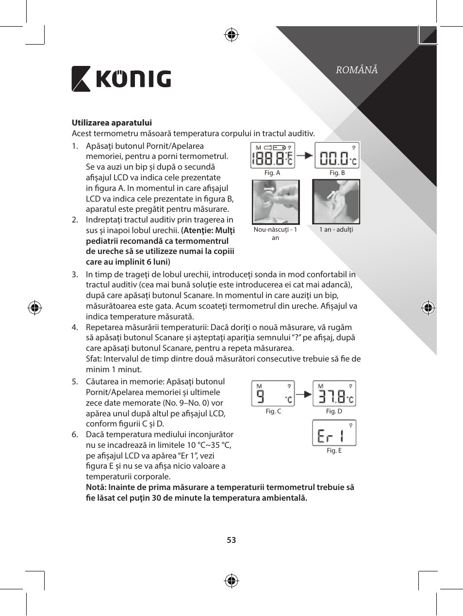 Română | Konig Electronic Infrared in-ear thermometer mini User Manual | Page 53 / 111