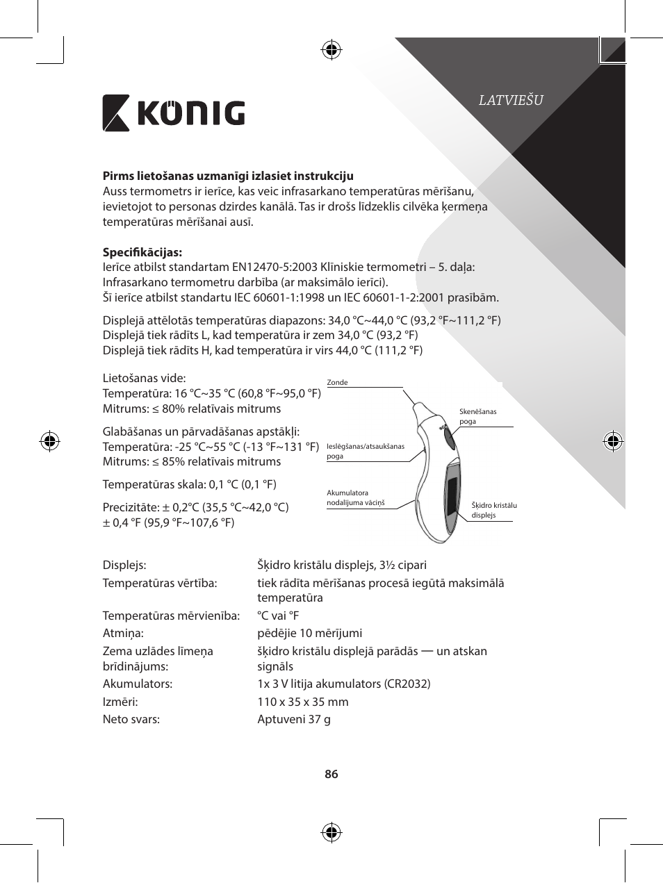 Latviešu | Konig Electronic Infrared in-ear thermometer mini User Manual | Page 86 / 111