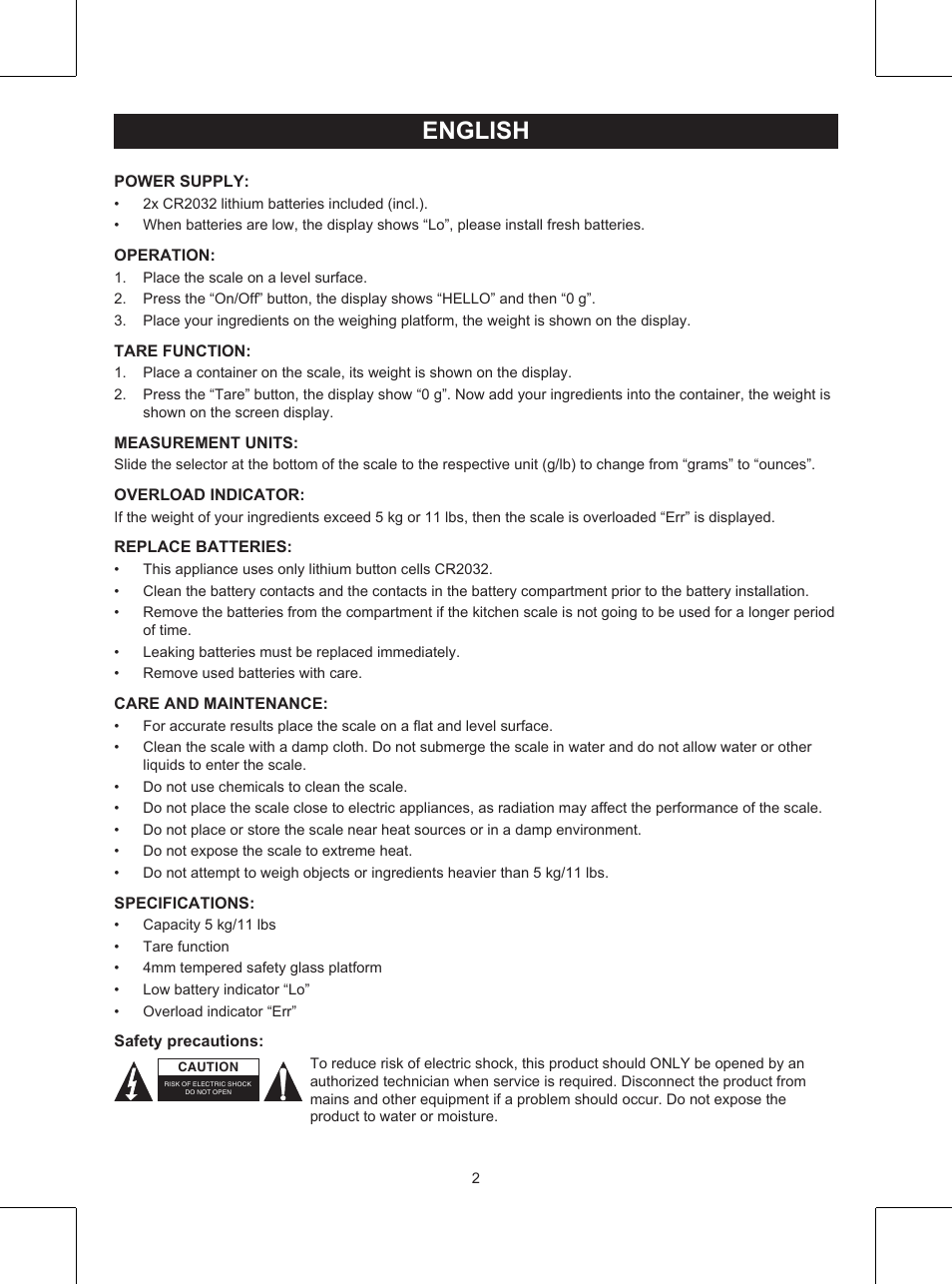 Manual (p. 2), Kitchen scale, English | Konig Electronic Kitchen scale User Manual | Page 2 / 21