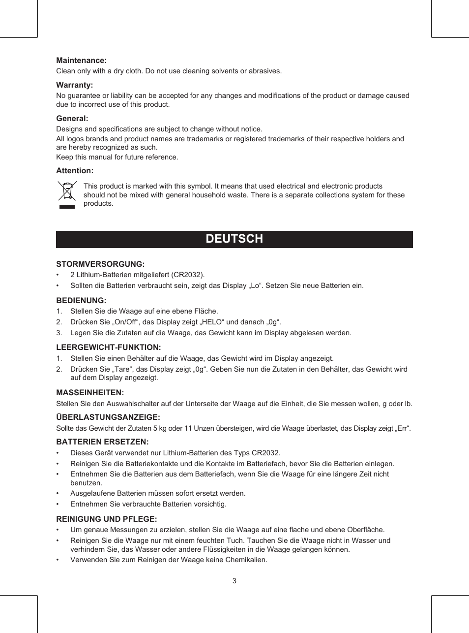 Anleitung (s. 3), Küchenwaage, Deutsch | Konig Electronic Kitchen scale User Manual | Page 3 / 21