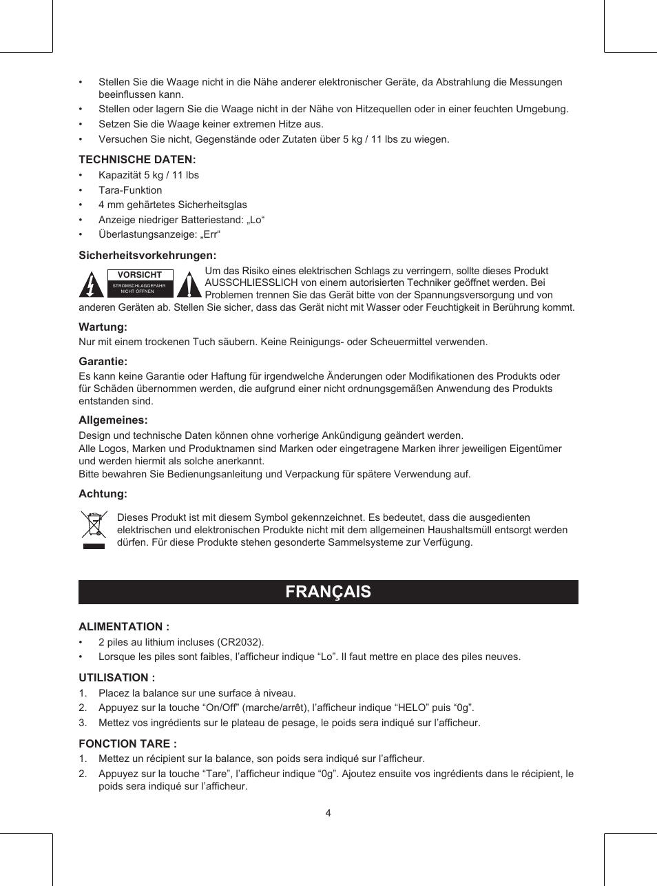 Mode d’emploi (p. 4), Balance de cuisine, Français | Konig Electronic Kitchen scale User Manual | Page 4 / 21