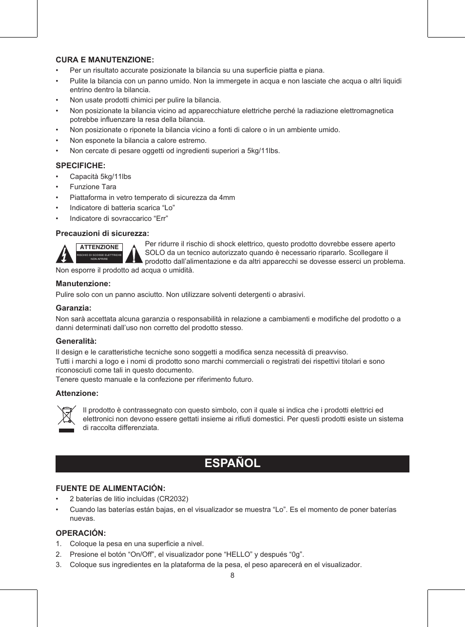 Manual de uso (p. 8), Pesa de cocina, Español | Konig Electronic Kitchen scale User Manual | Page 8 / 21