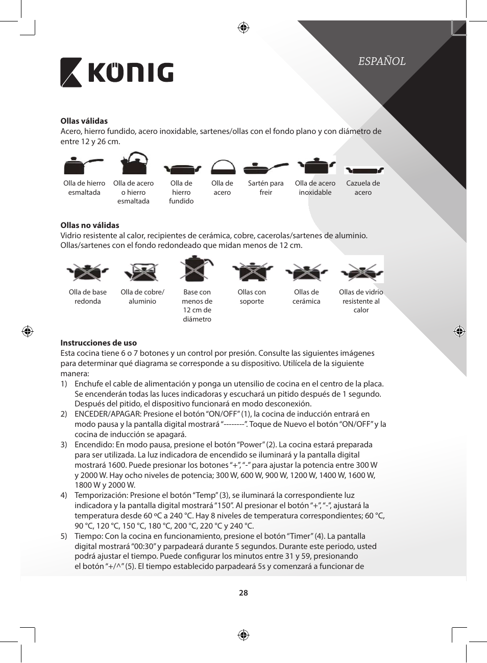 Español | Konig Electronic 2-zone induction cooker 3400 W User Manual | Page 28 / 126