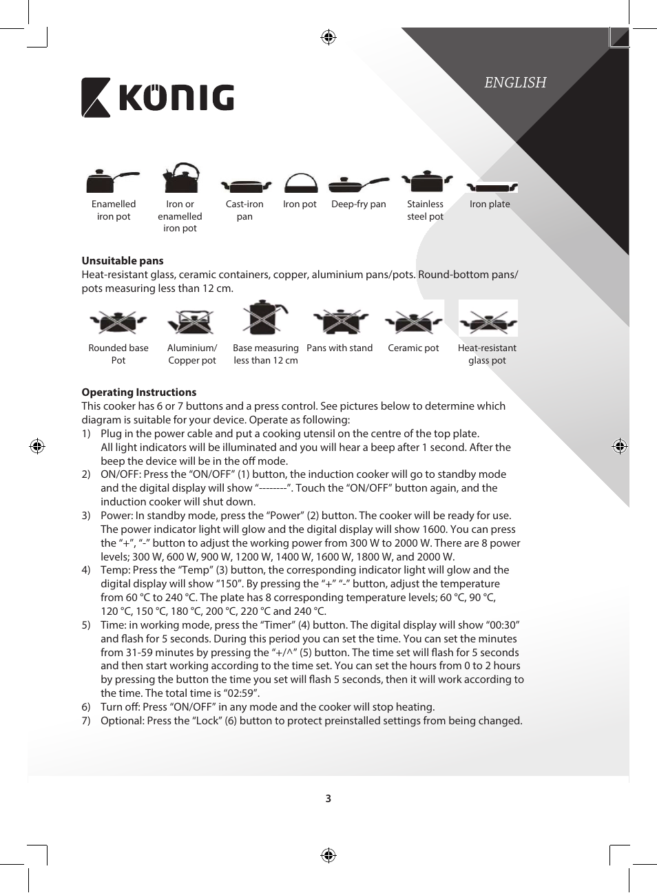 English | Konig Electronic 2-zone induction cooker 3400 W User Manual | Page 3 / 126