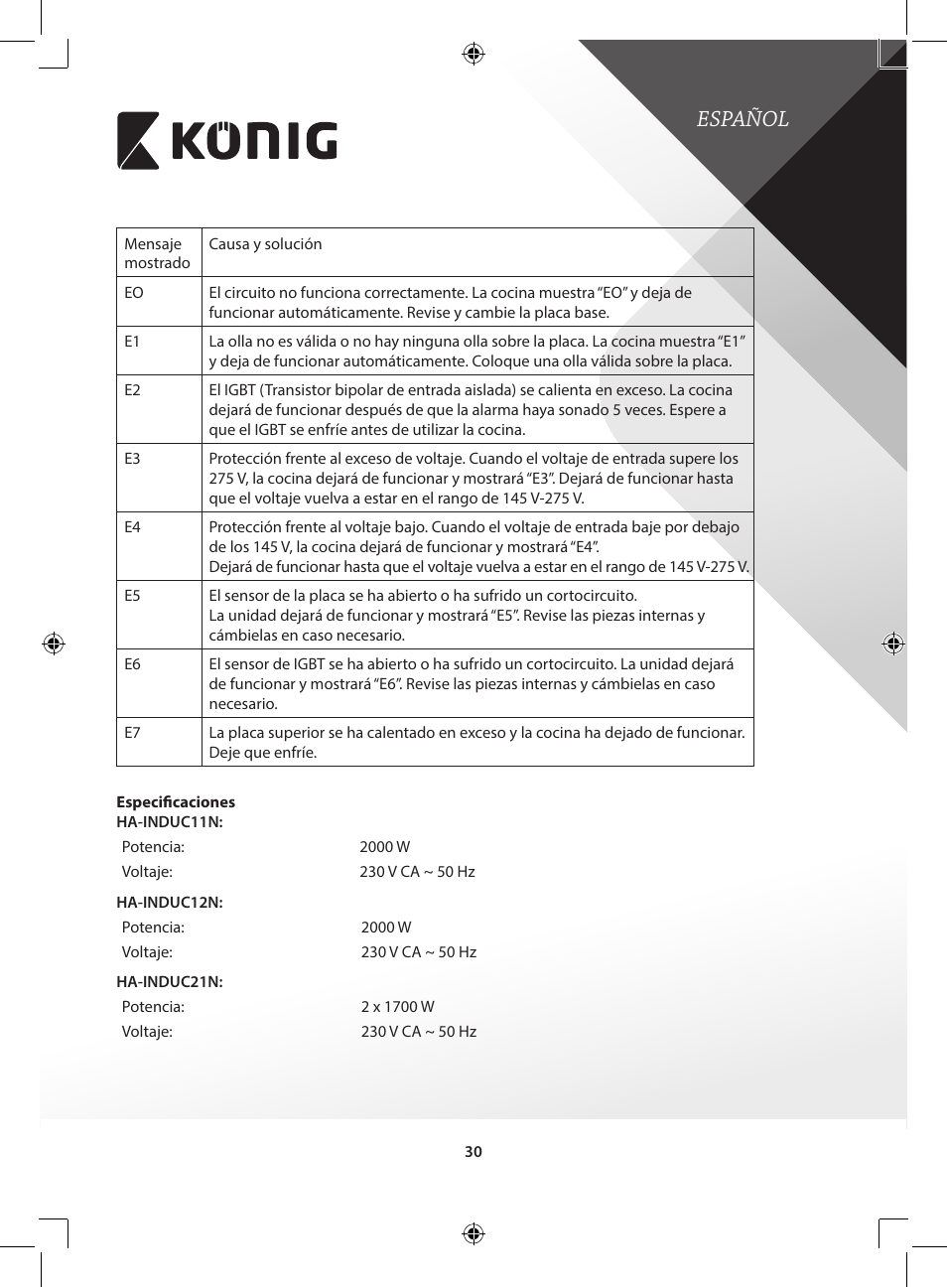 Español | Konig Electronic 2-zone induction cooker 3400 W User Manual | Page 30 / 126