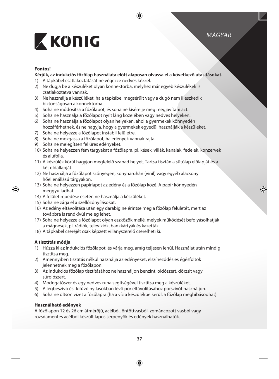 Magyar | Konig Electronic 2-zone induction cooker 3400 W User Manual | Page 37 / 126