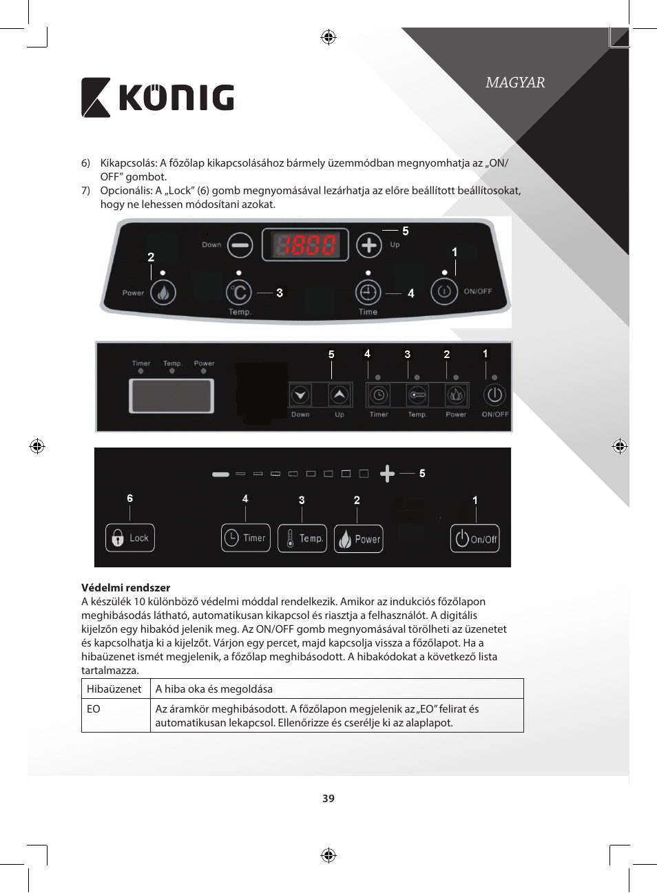 Magyar | Konig Electronic 2-zone induction cooker 3400 W User Manual | Page 39 / 126