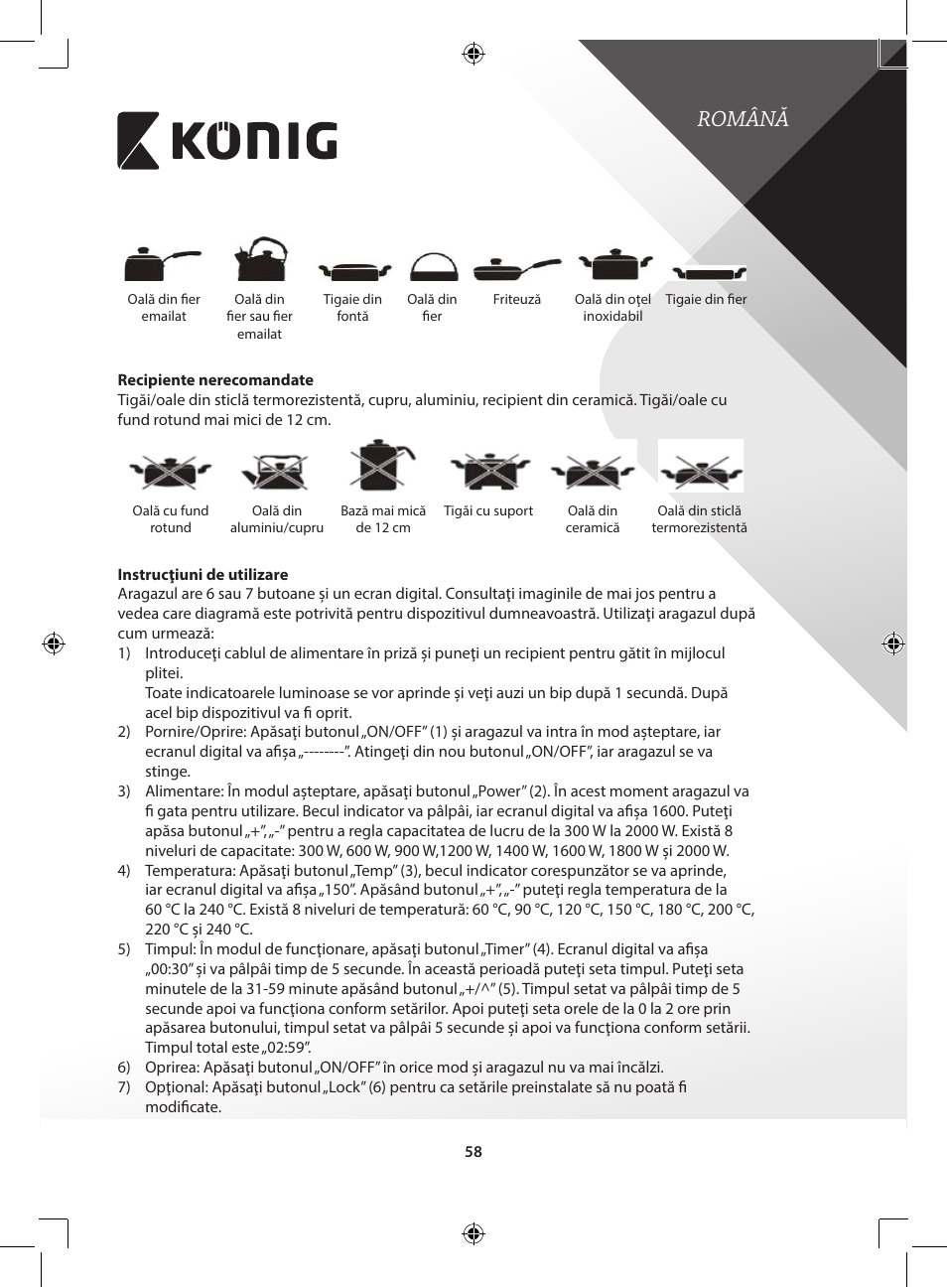 Română | Konig Electronic 2-zone induction cooker 3400 W User Manual | Page 58 / 126