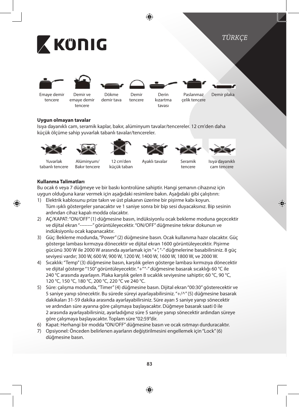 Türkçe | Konig Electronic 2-zone induction cooker 3400 W User Manual | Page 83 / 126