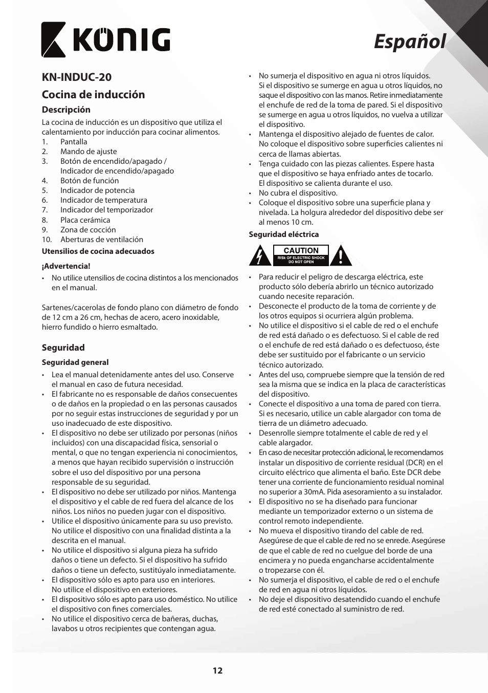 Español, Kn-induc-20 cocina de inducción | Konig Electronic Slim-Line induction cooker touch control 2000W User Manual | Page 12 / 80