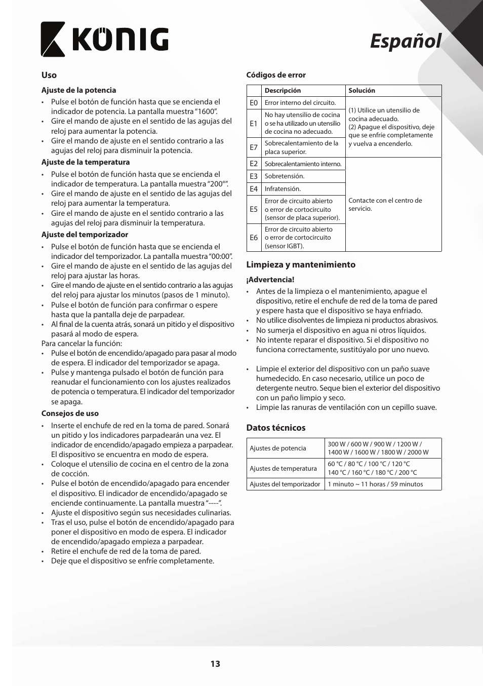 Español | Konig Electronic Slim-Line induction cooker touch control 2000W User Manual | Page 13 / 80