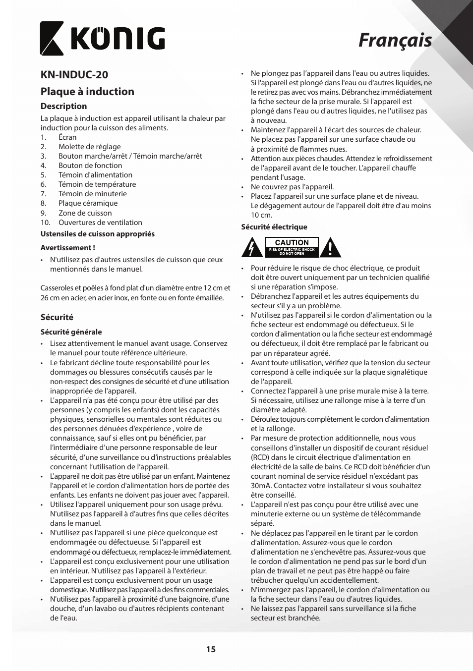 Français, Kn-induc-20 plaque à induction | Konig Electronic Slim-Line induction cooker touch control 2000W User Manual | Page 15 / 80