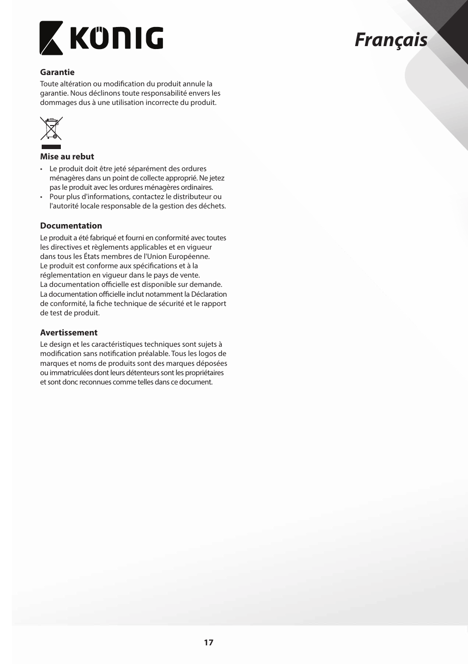Français | Konig Electronic Slim-Line induction cooker touch control 2000W User Manual | Page 17 / 80